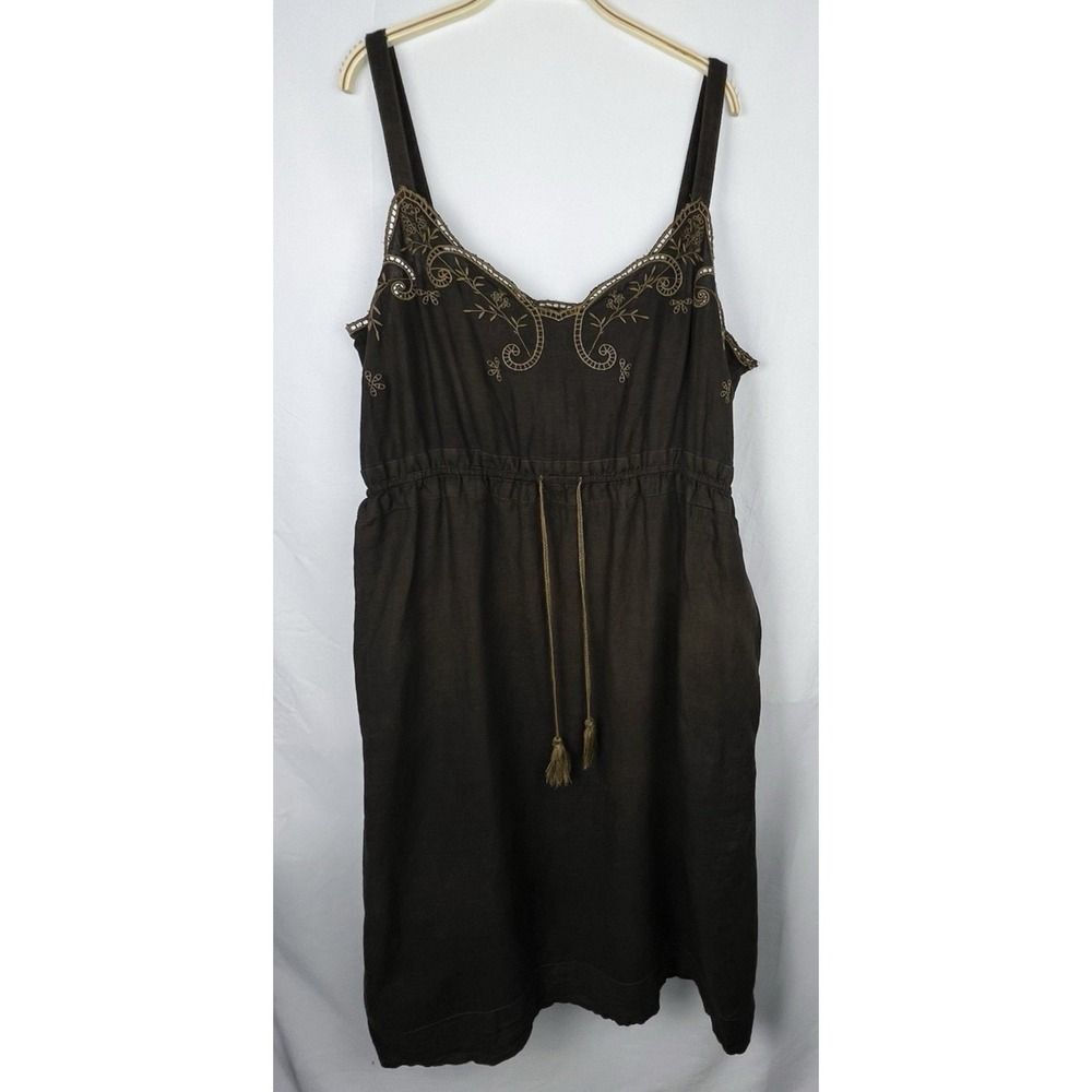 J.CREW‎ Brown 100% Linen Embroidered Slip Dress Women 16 Boho Peasant Pockets